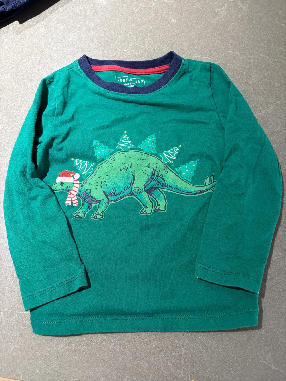 Andy & Evan Green Long-Sleeve Dino Tee with Navy Trim